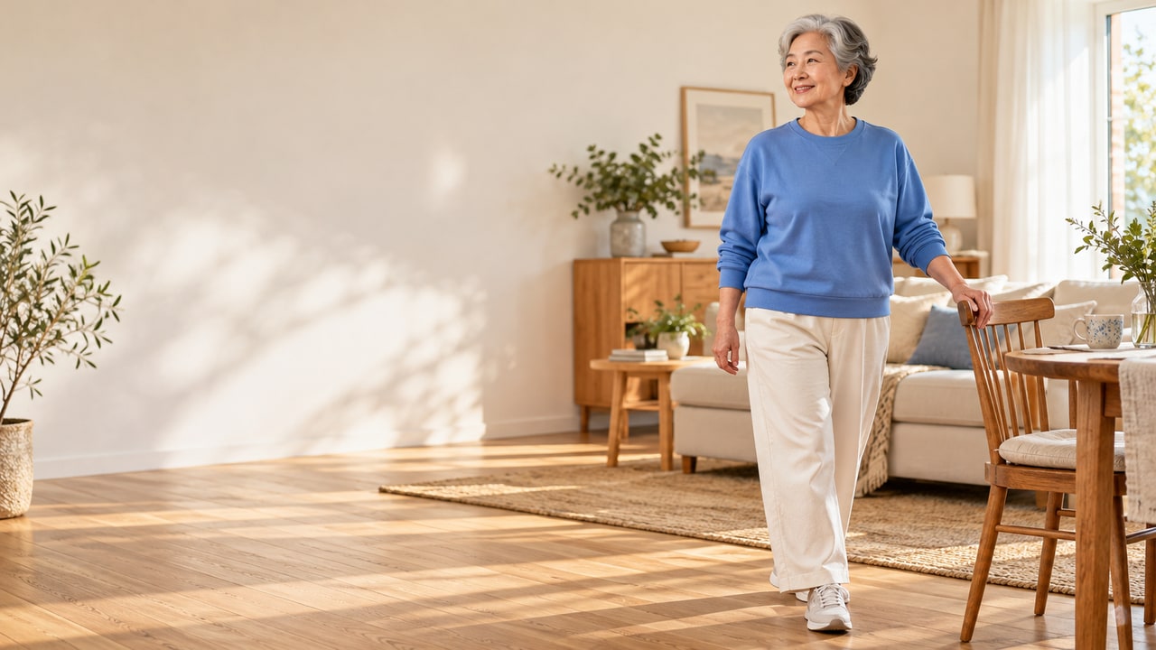 An older woman standing beside a chair in a sunlit living room.
