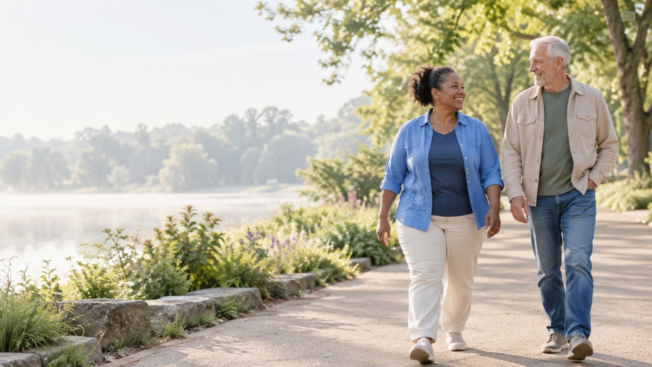 Two adults walking together along a park path.