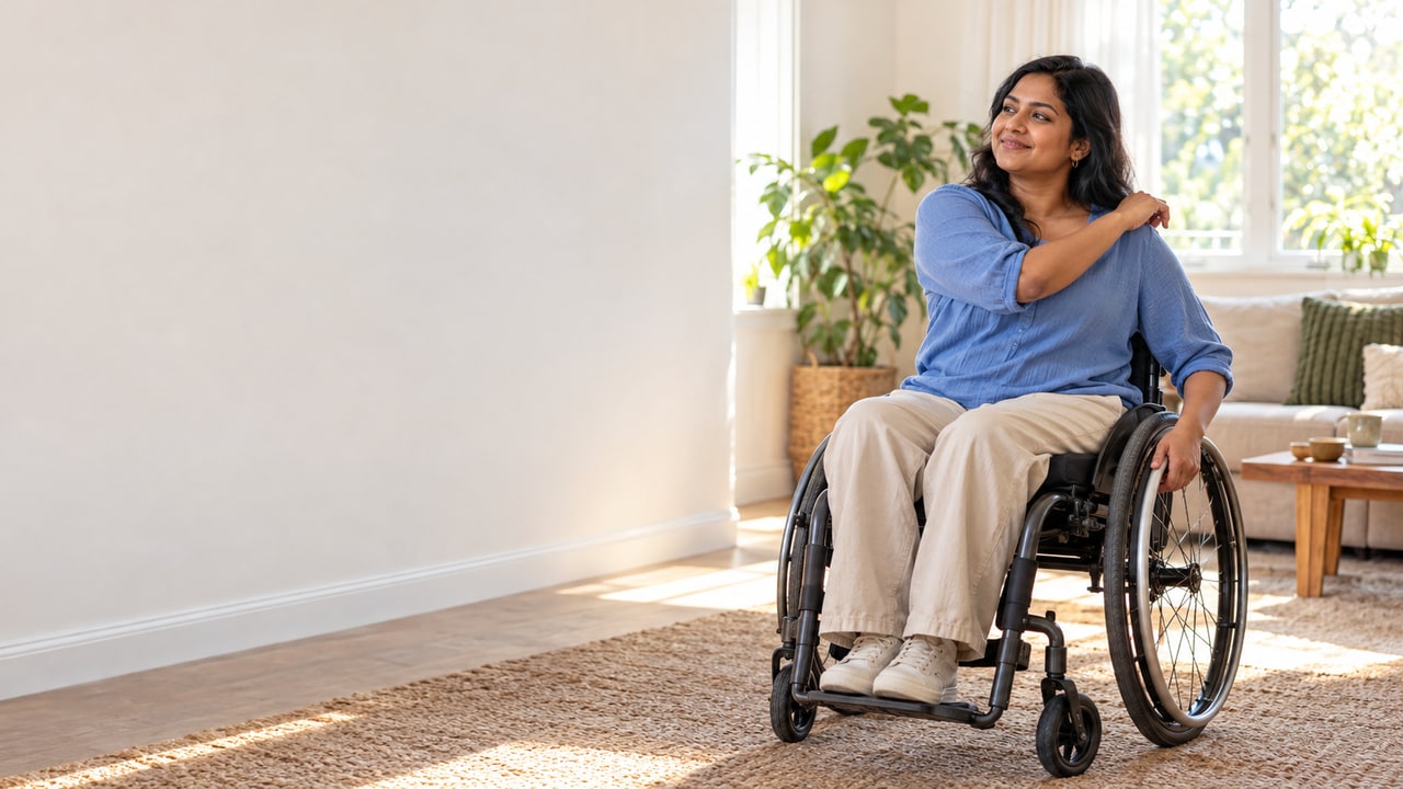 A woman seated in a wheelchair with one hand near her shoulder in a bright living room.